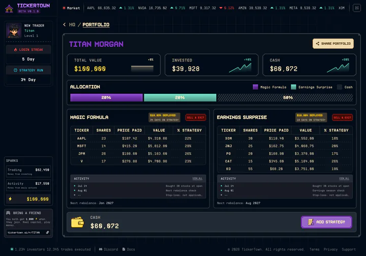 Early prototype of the portfolio view: total value, allocation across strategies, and per-ticker positions
